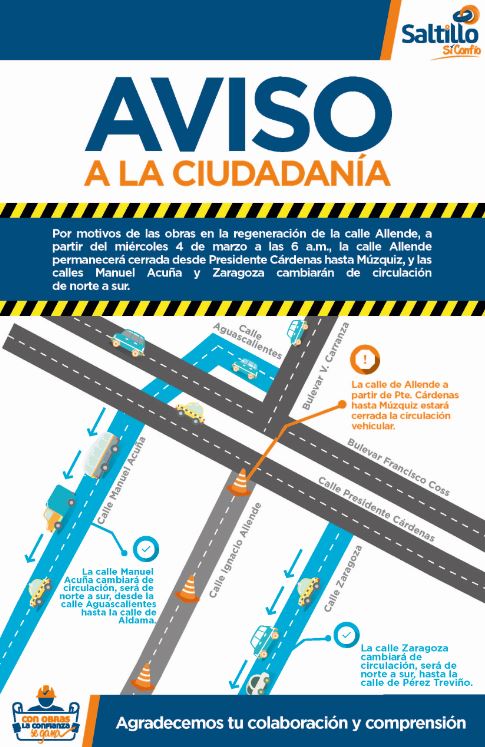 Saltillo: Calles Acuña y Zaragoza serán hacia el sur a partir del miércoles