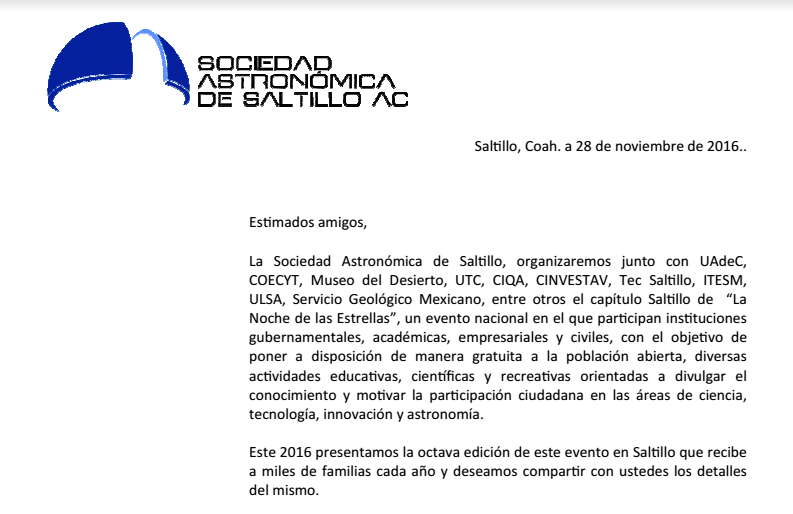 Invita Sociedad Astronomica de Saltillo AC a la Noche de las Estrellas