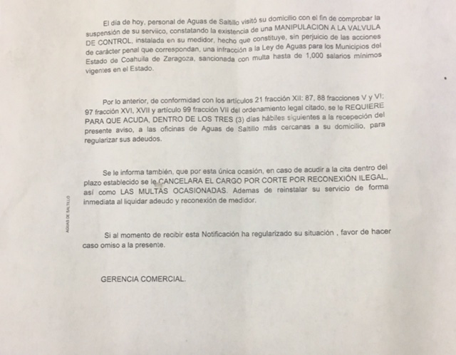 Aguas de Saltillo Amenaza usuarios