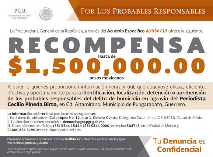 PGR ofrece recompensa de 1.5 mdp por homicidas del periodista Cecilio Pineda