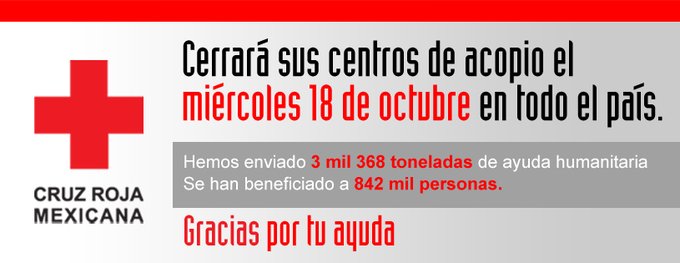Cruz Roja cerrará centros de acopio el 18 de octubre