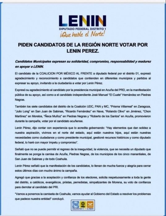 Piden candidatos de la región Norte votar por Lenin Perez