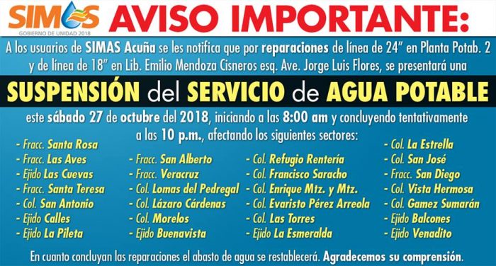 Aviso de #Suspensión del Servicio de AguaPotable el Sábado 27, de 8:00 am a 10:00 pm en Acuña Coahuila.