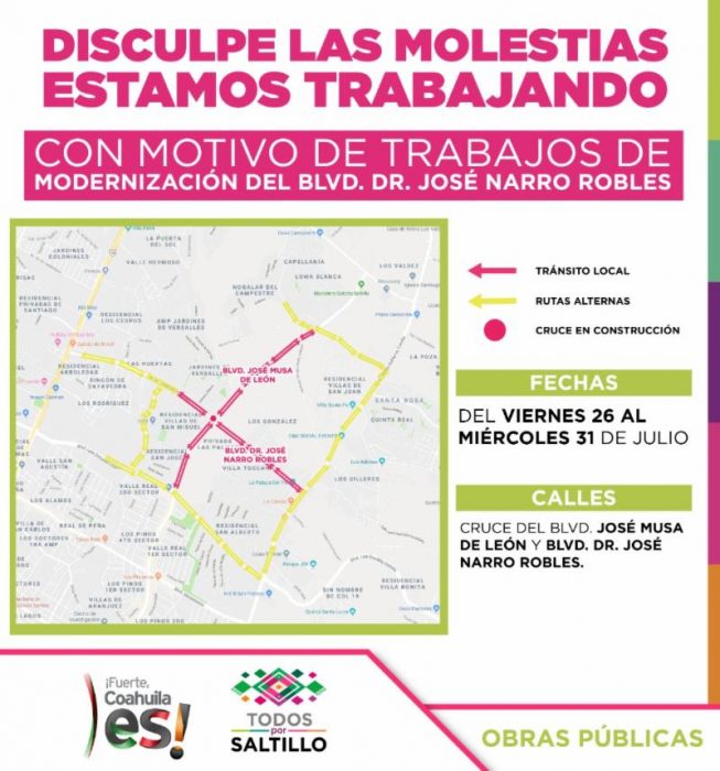 Cierre de vialidades por modernización de bulevar José Narro Robles