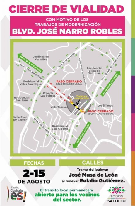 Habrá cierre de vialidad en el bulevar José Narro Robles