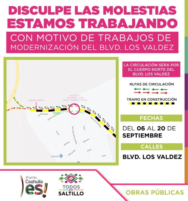 Anuncian ajuste vial provisional en bulevar Los Valdez