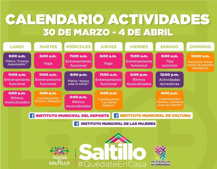 Calendario de actividades del IMC de Saltillo.