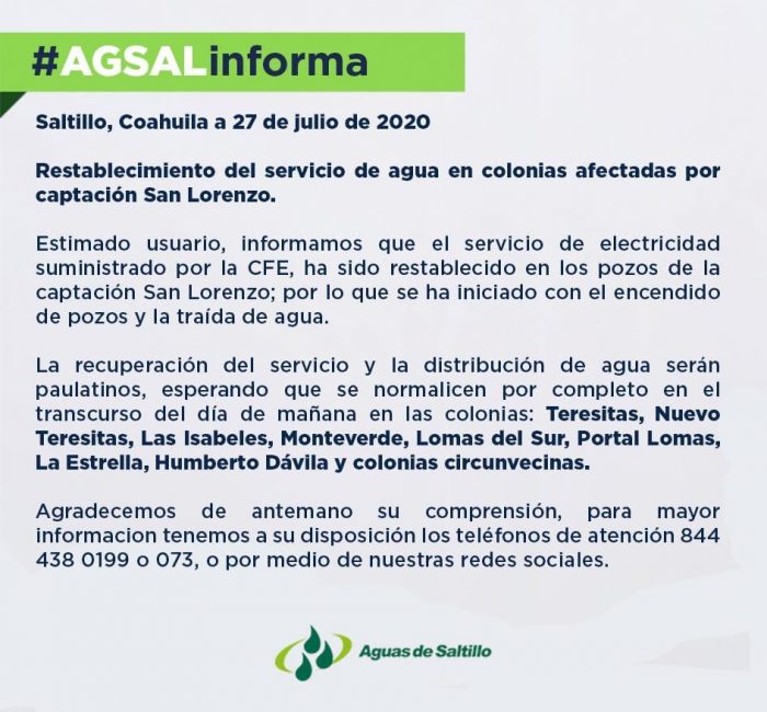 Restablecimiento del servicio de agua en colonias afectadas por captación San Lorenzo