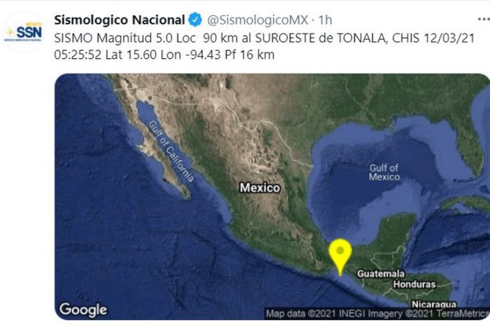 Un sismo de magnitud 5.0 con epicentro en Tonalá sacudió a Chiapas este viernes 12 de marzo