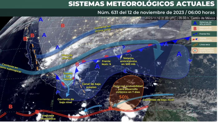 Posible ciclón en el Mar Caribe y Frente Frío 9 provocarán lluvias en 31 estados hoy 12 de noviembre