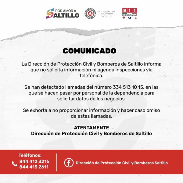 Exhorta PC Saltillo a no caer en extorsiones