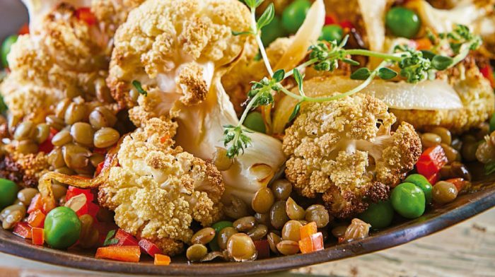 RECETA VEGANA:ENSALADA TIBIA DE COLIFLOR ROSTIZADA CON LENTEJA Y CEBOLLA CARAMELIZADA