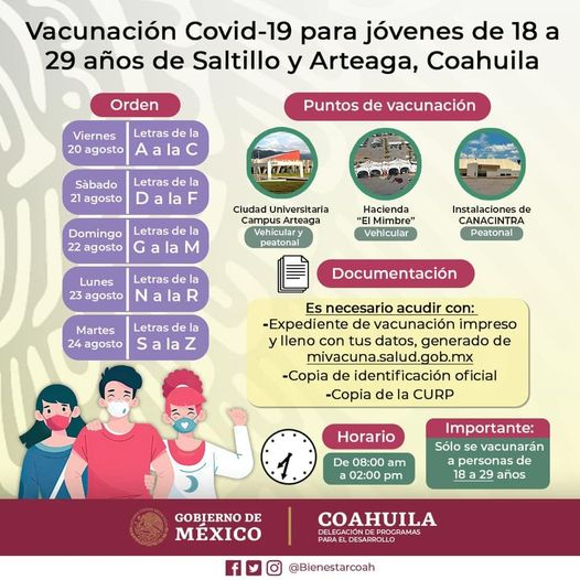 Inicia mañana vacunación anticovid para jóvenes de 18 a 29 años.