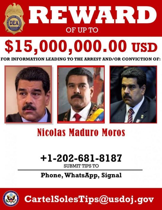 Estados Unidos mantiene vigente la recompensa de 15 millones de dólares por la captura del dictador Nicolás Maduro