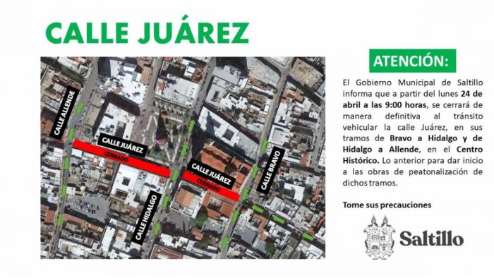 Anuncian cierre de tramos de calle Juárez por obras de peatonalización