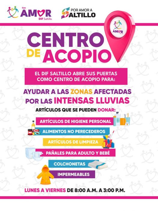 Abre DIF Saltillo centro de acopio para ayudar a zonas afectadas por lluvias