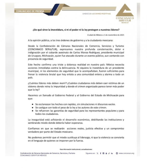 “México necesita un gobierno valiente”: CONCANACO tras asesinato de Carlos Manzo, alcalde de Uruapan