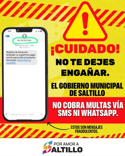 Alerta Gobierno Municipal de Saltillo sobre mensajes SMS falsos relacionados con multas e infracciones