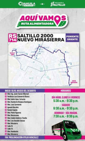 Arranca este lunes 20 de abril en Saltillo la ruta alimentadora RS-714