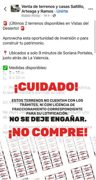 Alerta Municipio sobre venta irregular de terrenos en Vistas del Desierto