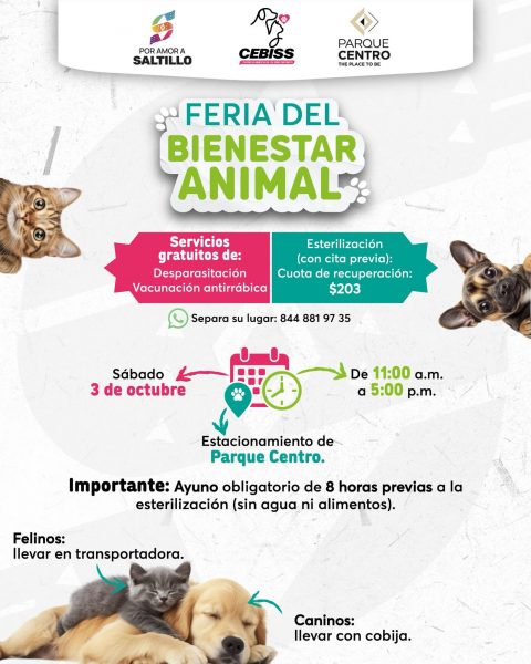 Habrá este sábado 3 de octubre Feria de Bienestar Animal en el estacionamiento de Parque Centro