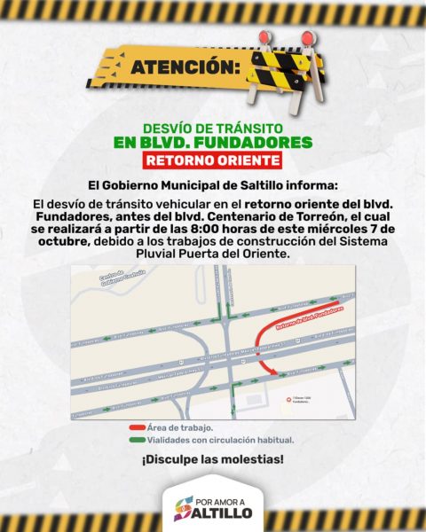 Habrá cierre temporal de retorno en Fundadores y Centenario de Torreón